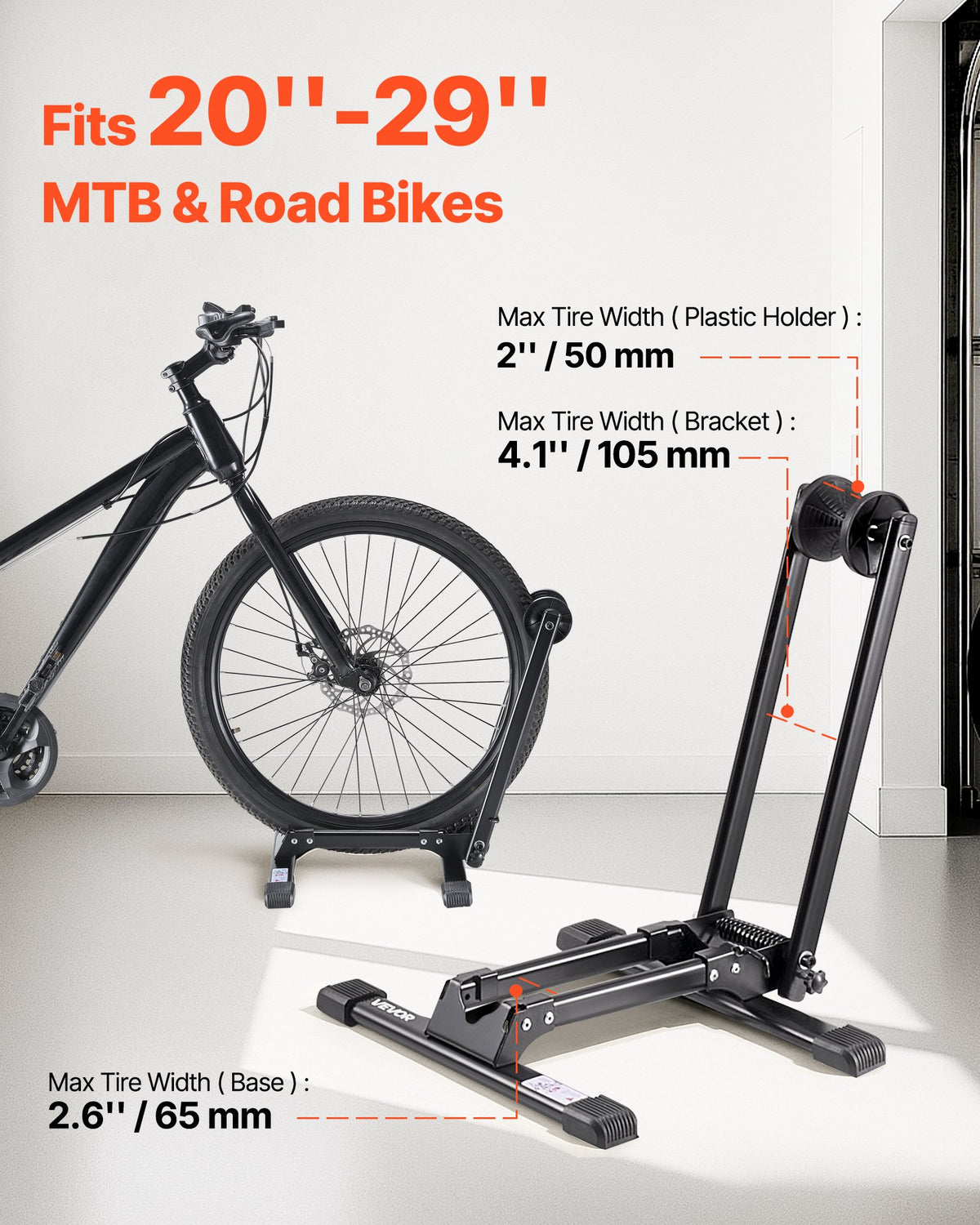 VEVOR Bike Racks 2 Pack, Fits 508 to 736.6 mm Mountain & Road Bikes, Alloy Steel Rust-Resistant Bike Floor Stand Rack, Foldable Bicycle Stand for Entryway, Garage, Home Bikes Parking & Storage, Black