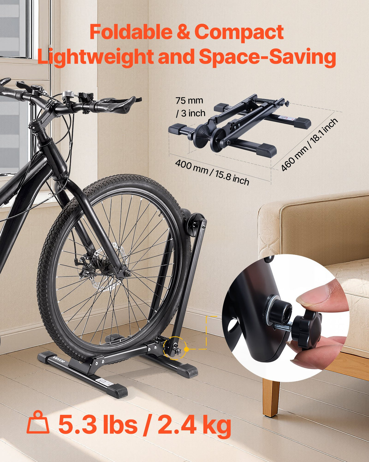 VEVOR Bike Racks 2 Pack, Fits 508 to 736.6 mm Mountain & Road Bikes, Alloy Steel Rust-Resistant Bike Floor Stand Rack, Foldable Bicycle Stand for Entryway, Garage, Home Bikes Parking & Storage, Black