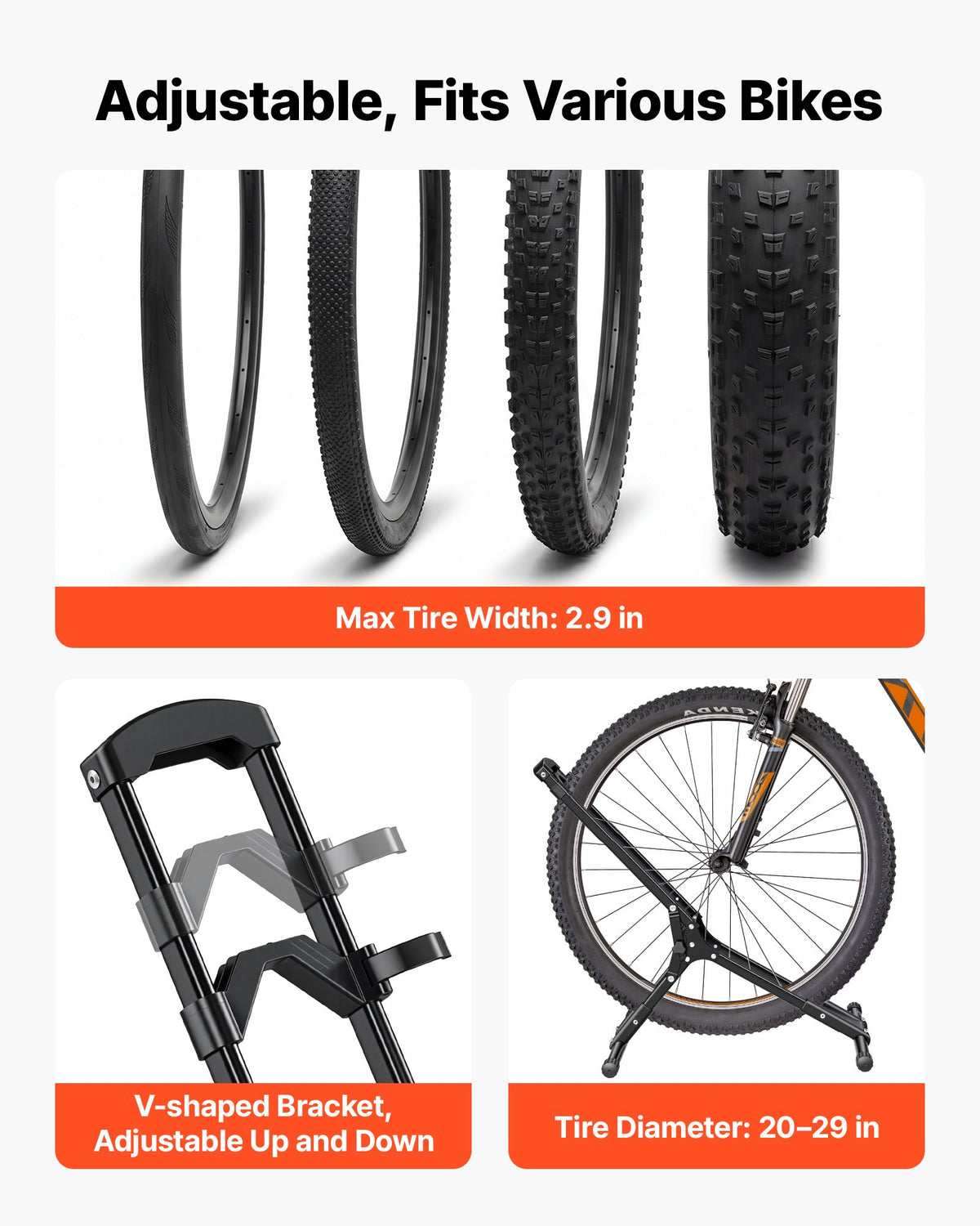 VEVOR Bike Stand, Foldable Freestanding Bike Storage Rack, Carbon Steel Garage Bicycle Floor Stand, Fits 508-737 mm Wheel Diameters, Drill-Free Installation, Ideal for Garage, Apartment, Home, Black