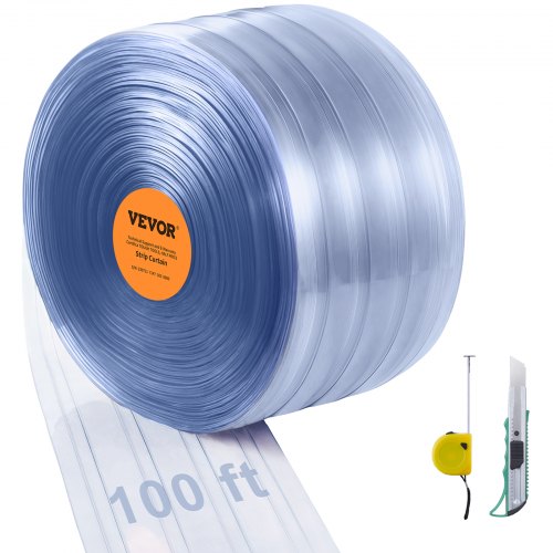 VEVOR Strip Curtain, 100' Length x 12" Width x 0.12" Thickness, Clear Ribbed PVC Curtain Strip Door Bulk Roll, Plastic Door Strips for Doorway of Supermarket, Garage, Warehouse, Barn, Pet Animal House