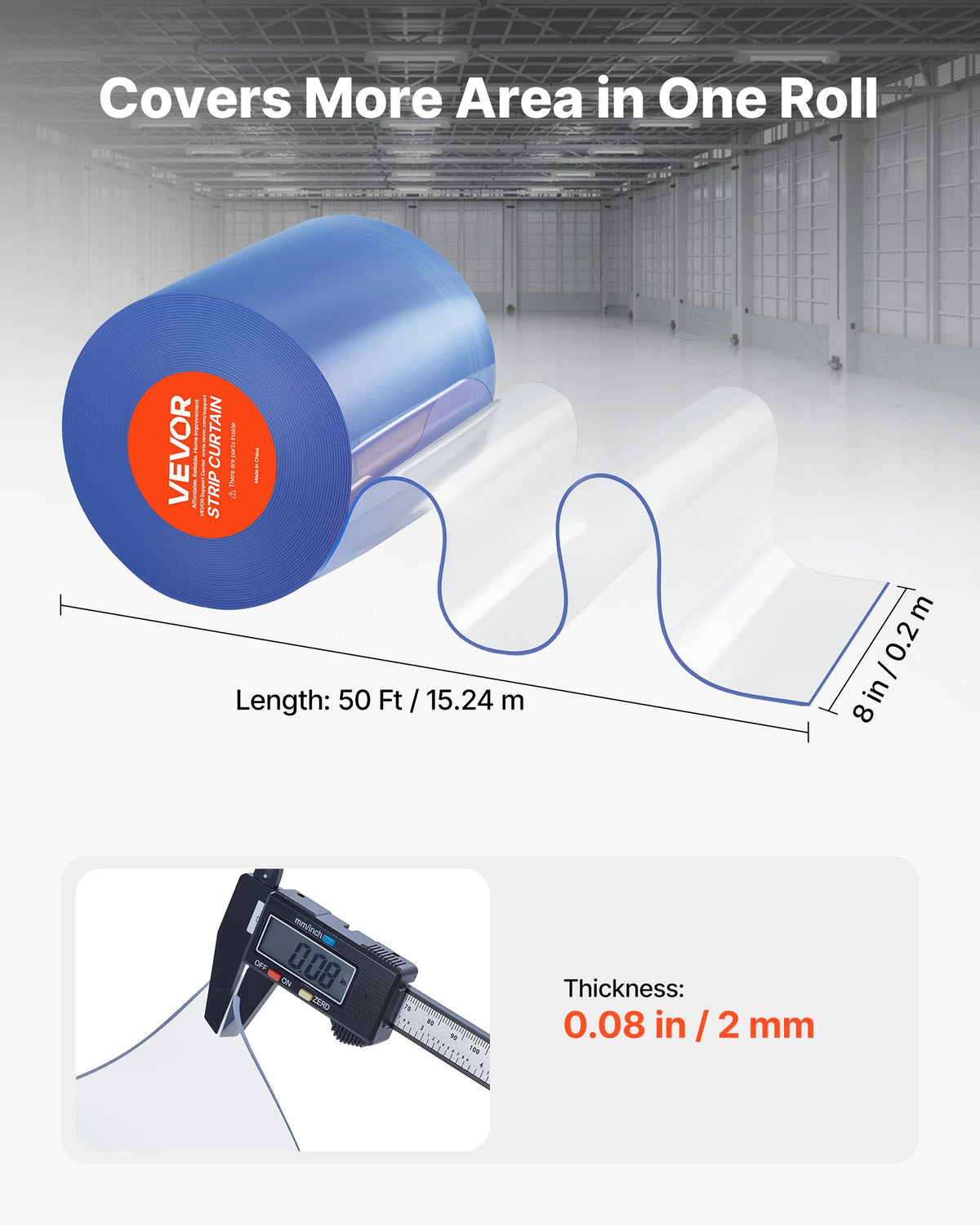 VEVOR Clear PVC Strip Curtain, 15 m Length x 20 cm Width, Plastic Door Strip Bulk Roll, Walk in Freezer Cooler Curtain Strips for Doorways of Supermarket, Garage, Warehouse, Barn, Pet Animal House
