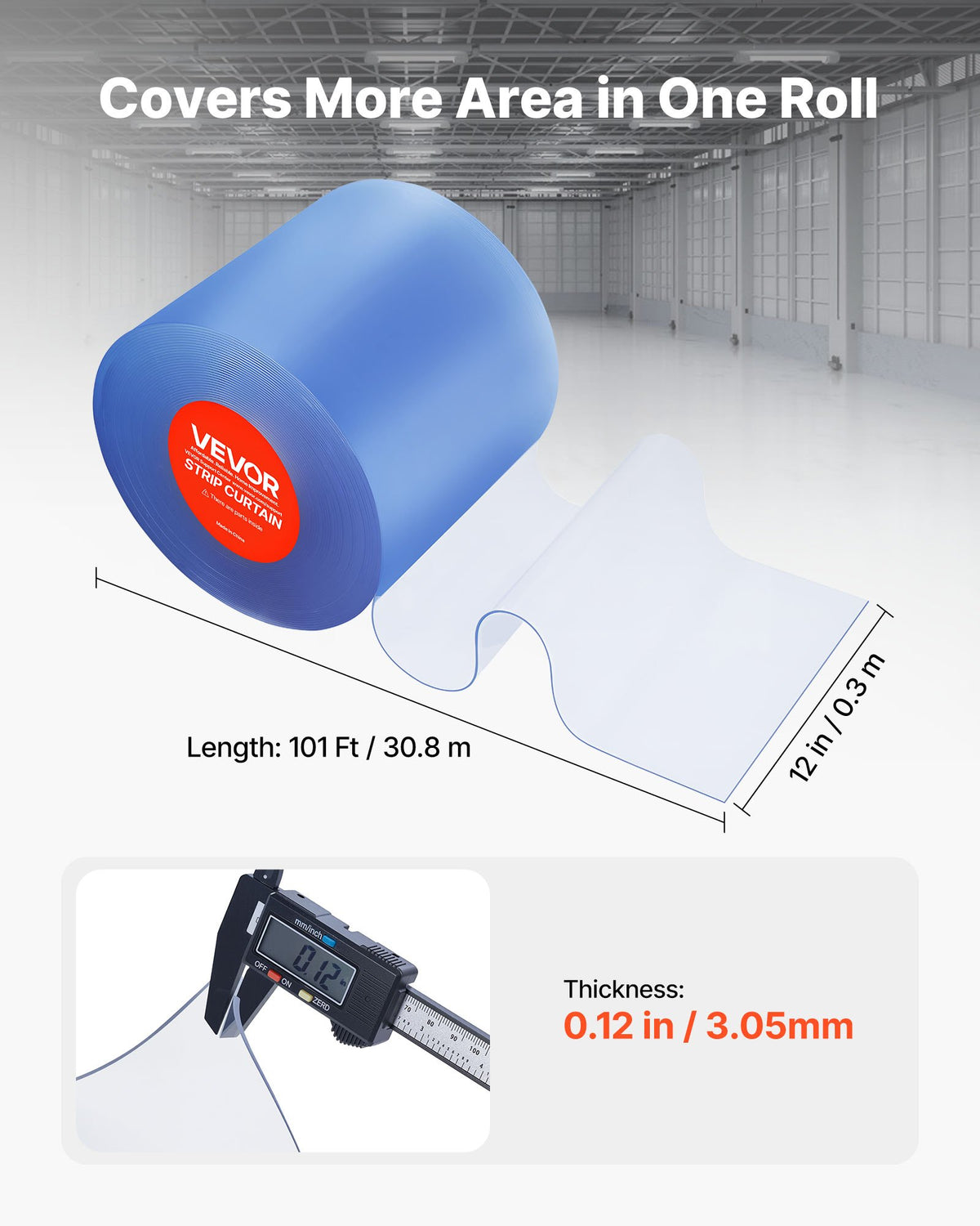 VEVOR Clear PVC Strip Curtain, 30.8 m Length x 30.5 cm Width, Thermal Insulating Plastic Door Strip Bulk Roll, Walk in Freezer Cooler Curtain Strips for Doorways of Supermarket, Garage, Warehouse