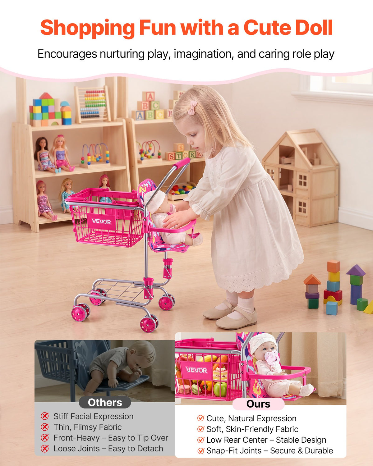 VEVOR Shopping Cart for Kids, Sturdy Metal Frame, Toy Shopping Cart with Baby Doll, 4 Rolling Wheels, Doll Seat Carrier, Grocery Pretend Play Toy Trolley, Folds for Easy Storage, for Toddlers Ages 3+