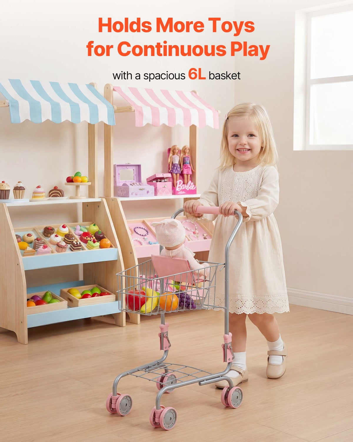 VEVOR Shopping Cart for Kids, Sturdy Metal Frame, Grocery Store Pretend Play Toy Cart with Baby Doll, Rolling Wheels, Basket, Toy Shopping Trolley, Folds for Easy Storage, for Kids & Toddlers Ages 3+