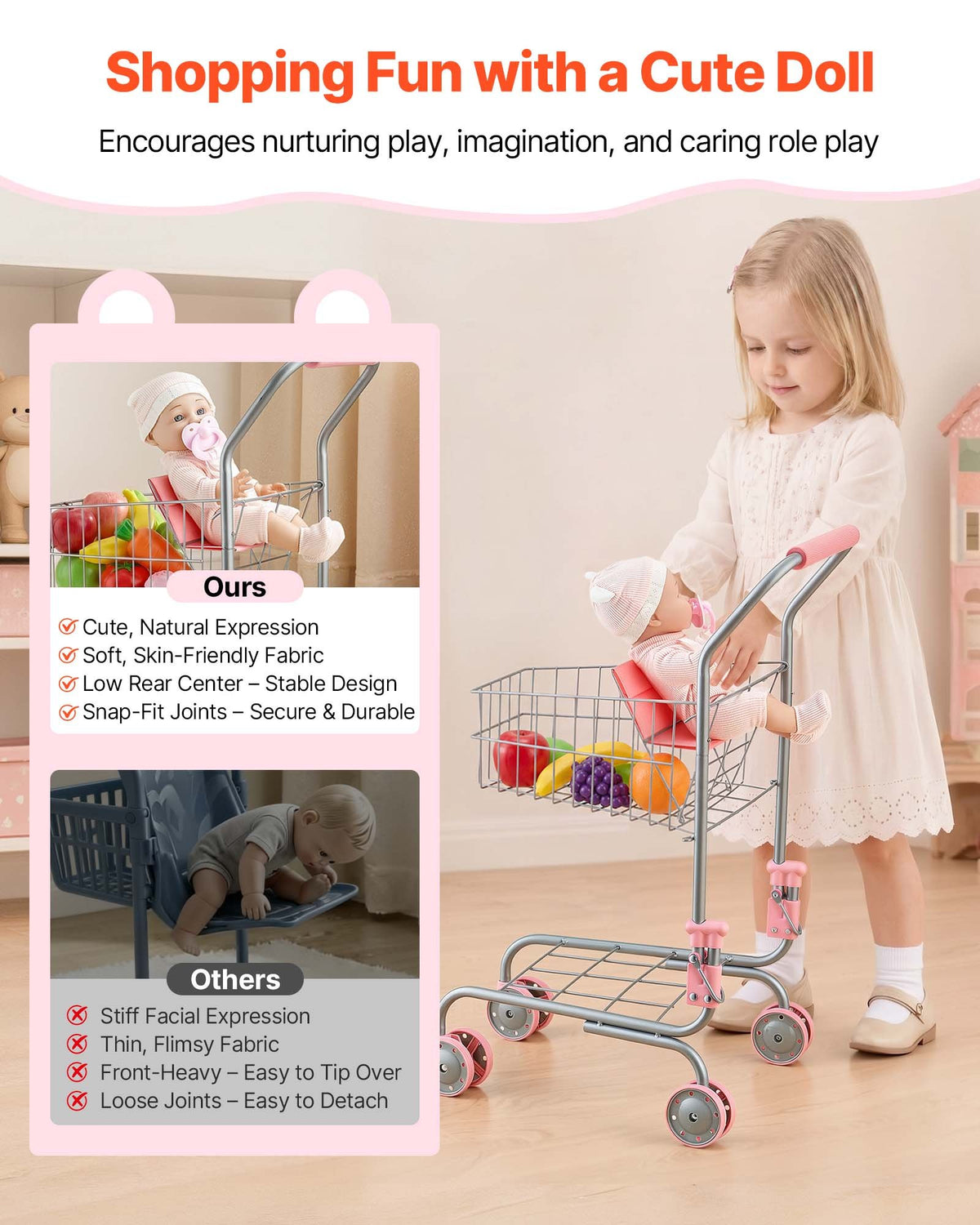 VEVOR Shopping Cart for Kids, Sturdy Metal Frame, Grocery Store Pretend Play Toy Cart with Baby Doll, Rolling Wheels, Basket, Toy Shopping Trolley, Folds for Easy Storage, for Kids & Toddlers Ages 3+