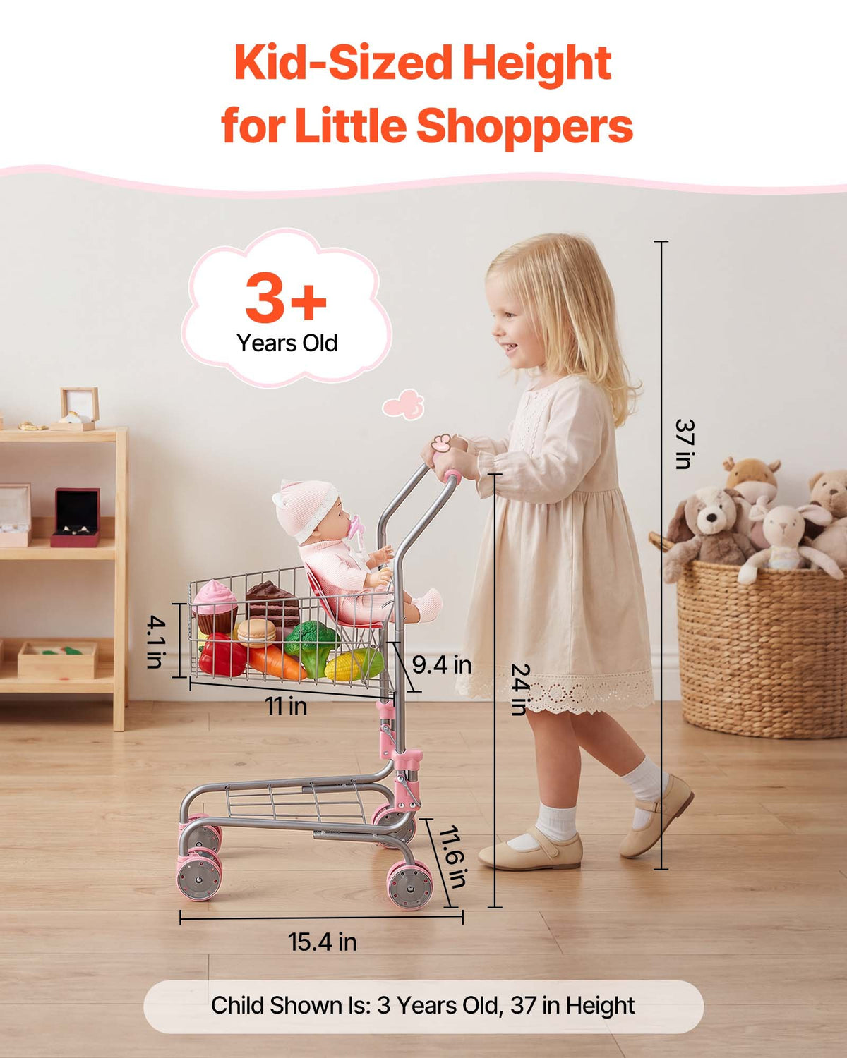 VEVOR Shopping Cart for Kids, Sturdy Metal Frame, Grocery Store Pretend Play Toy Cart with Baby Doll, Rolling Wheels, Basket, Toy Shopping Trolley, Folds for Easy Storage, for Kids & Toddlers Ages 3+