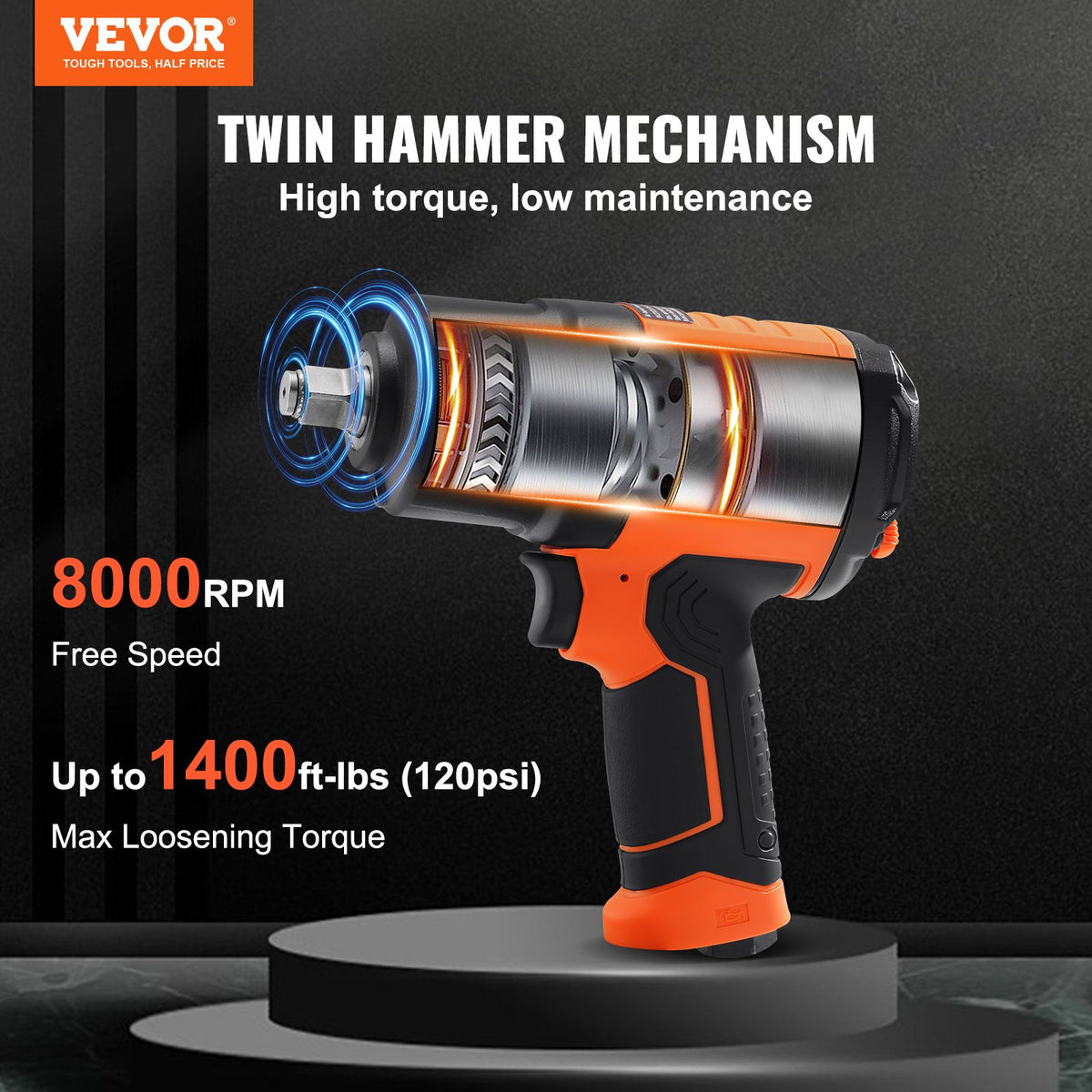 VEVOR 1.27 cm Air Impact Wrench, High Torque Up to 1898.15 N·m, Lightweight 2.1 kg Design Pneumatic Impact Gun with 11-PCS 1.27 cm Drive CR-V Steel Impact Socket Set & Carrying Case