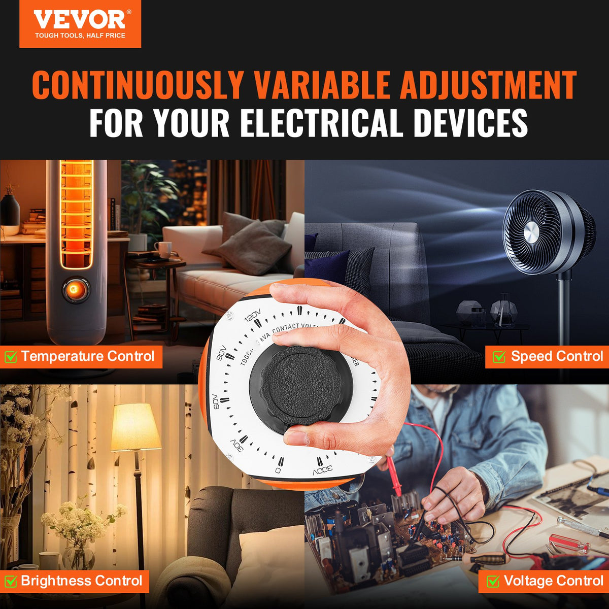 VEVOR 3000VA Auto Variable Voltage Transformer, 10 Amp, 230V Input 0-300V Output AC Voltage Regulator, with LCD Display 4 Extra Fuses Thermal Control Switch for Home Industrial Office, CE-Certified
