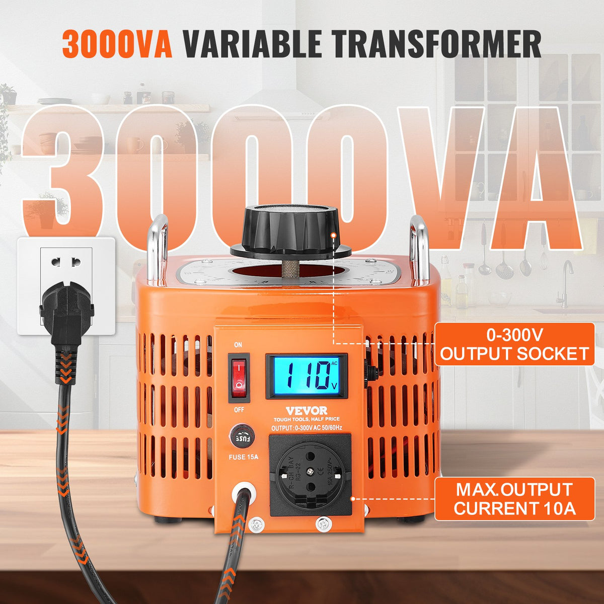 VEVOR 3000VA Auto Variable Voltage Transformer, 10 Amp, 230V Input 0-300V Output AC Voltage Regulator, with LCD Display 4 Extra Fuses Thermal Control Switch for Home Industrial Office, CE-Certified