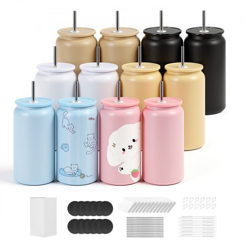 VEVOR Sublimation Tumblers, 12 Pack, 473 mL Multicolored Tumblers Bulk, Stainless Steel Sublimation Cups with Lids and Straws, Double Wall Insulated Tumbler Blank, for DIY Personalized Customization