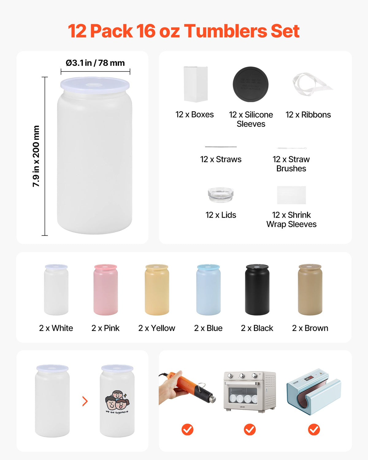 VEVOR Sublimation Tumblers, 12 Pack, 473 mL Multicolored Tumblers Bulk, Stainless Steel Sublimation Cups with Lids and Straws, Double Wall Insulated Tumbler Blank, for DIY Personalized Customization
