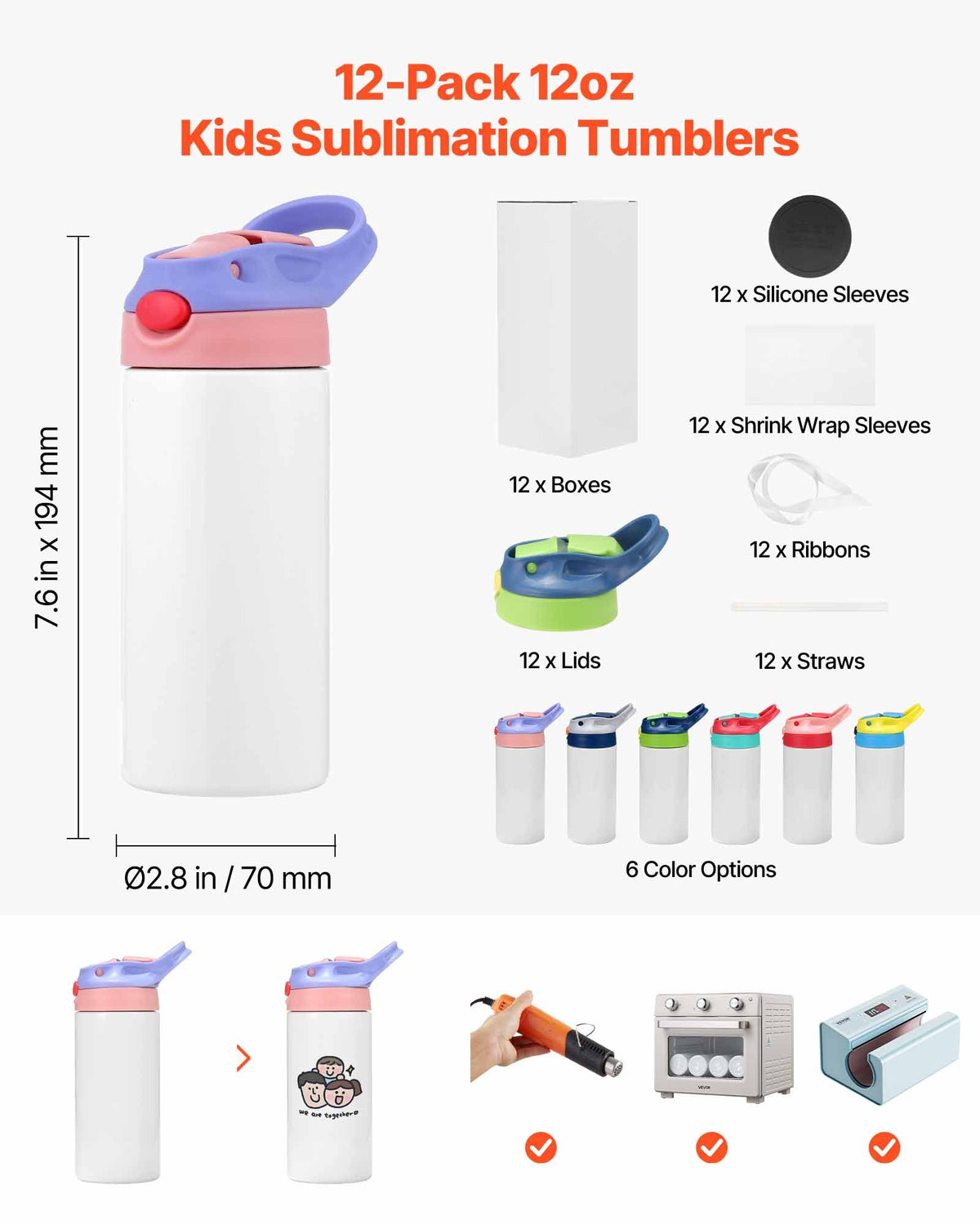 VEVOR Sublimation Tumblers, 12 Pack, 355mL Kids Sublimation Water Bottles, Food-Grade Stainless Steel Cups with Lids and Straws, Double Wall Insulated Tumbler Blank, for DIY Personalized Customization