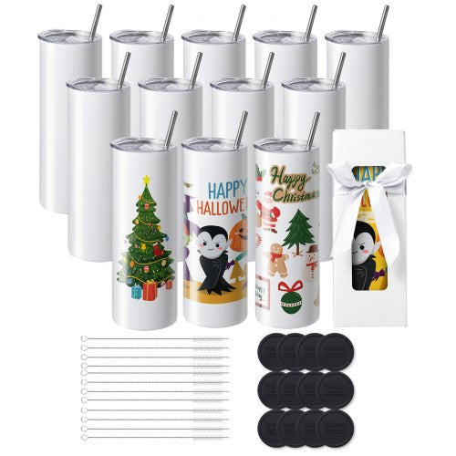 VEVOR 12 Pack Straight Sublimation Tumblers, 591.5 ml Blank Tumbler Bulk, Stainless Steel Double Wall Tumbler Cups with Straw, Lid, Brush, Base, Shrink Wrap, Gift Box, for Heat Press and Heat Transfer