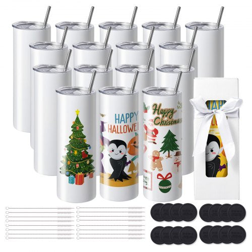 VEVOR 16 Pack Straight Sublimation Tumblers, 20 oz/567 g Blank Tumbler Bulk, Stainless Steel Double Wall Tumbler Cups with Straw, Lid, Brush, Base, Shrink Wrap, Gift Box, for Heat Press and Heat Transfer