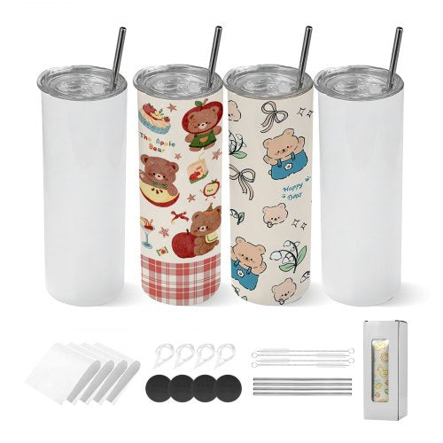 VEVOR Sublimation Tumblers, 4 Pack, 591 mL Skinny Straight Tumblers Bulk, Stainless Steel Sublimation Cups with Lids and Straws, Double Wall Insulated Tumbler Blank, for DIY Personalized Customization
