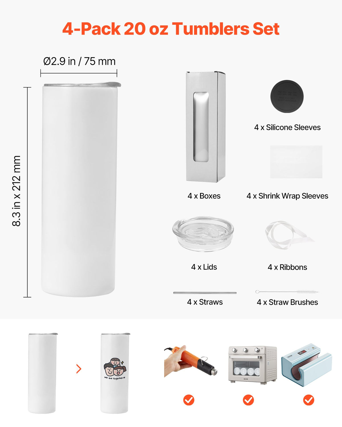 VEVOR Sublimation Tumblers, 4 Pack, 591 mL Skinny Straight Tumblers Bulk, Stainless Steel Sublimation Cups with Lids and Straws, Double Wall Insulated Tumbler Blank, for DIY Personalized Customization