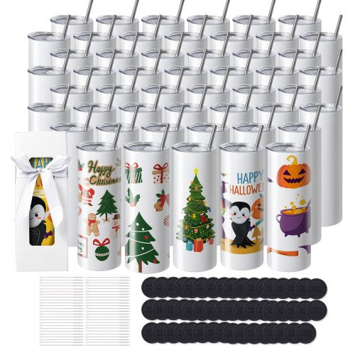 VEVOR 50 Pack Straight Sublimation Tumblers, 20 oz/567 g Blank Tumbler Bulk, Stainless Steel Double Wall Tumbler Cups with Straw, Lid, Brush, Base, Shrink Wrap, Gift Box, for Heat Press and Heat Transfer