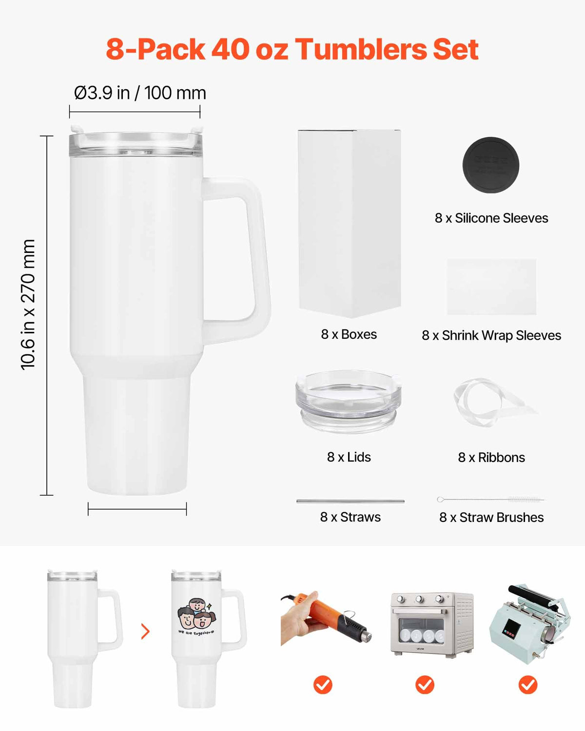 VEVOR Sublimation Tumblers, 8 Pack, 1183 mL Tumblers Bulk with Handle, Stainless Steel Sublimation Cups with Lids and Straws, Double Wall Insulated Tumbler Blank, for DIY Personalized Customization