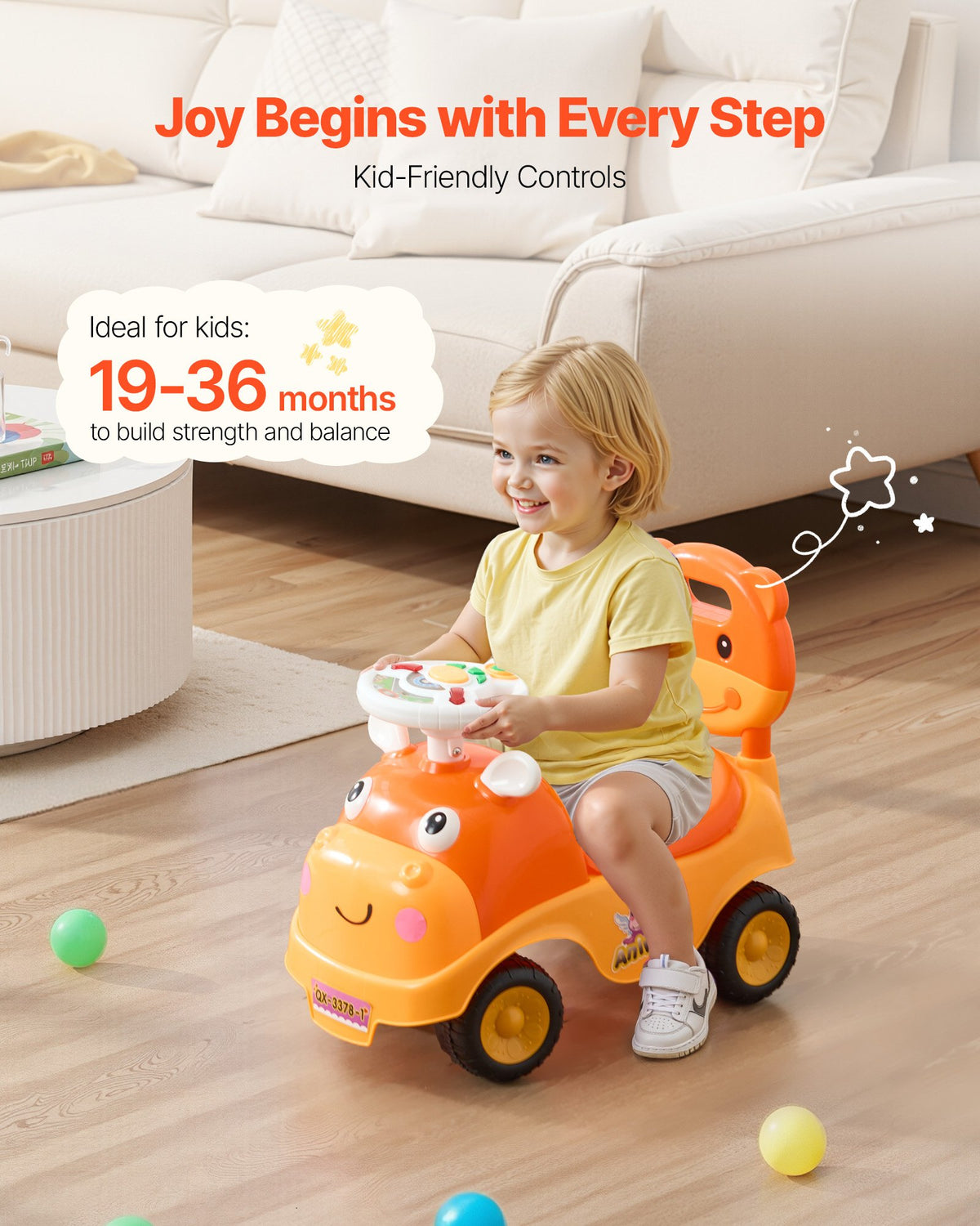 VEVOR Ride On Toddler Push Car, Push Car for Toddler 19 to 36 Months, Kids Ride On Toy with Horn & Music, 22 kg Load Capacity, Under-seat Storage, Foot-to-Floor Walker for Toddlers Boys Girls