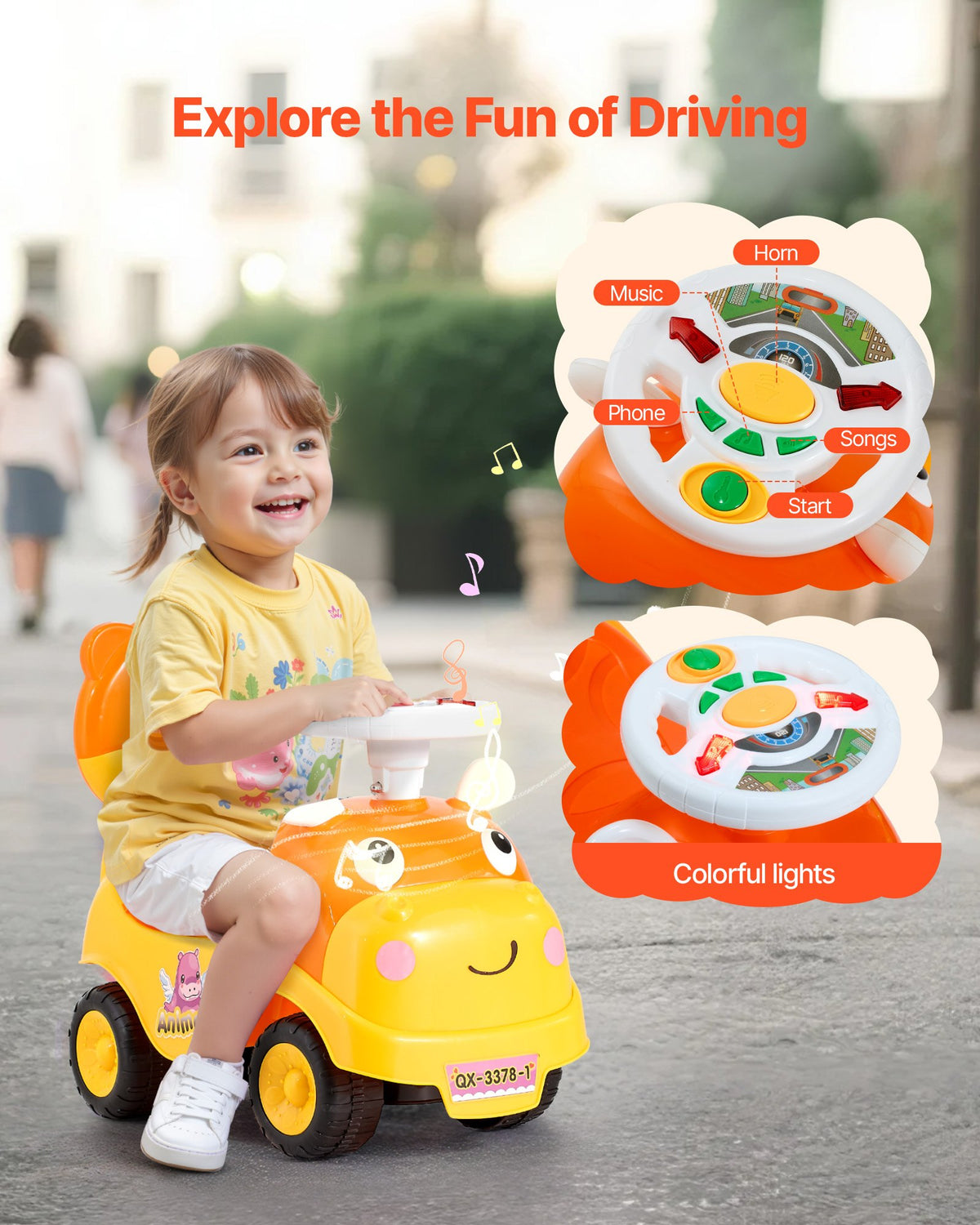 VEVOR Ride On Toddler Push Car, Push Car for Toddler 19 to 36 Months, Kids Ride On Toy with Horn & Music, 22 kg Load Capacity, Under-seat Storage, Foot-to-Floor Walker for Toddlers Boys Girls