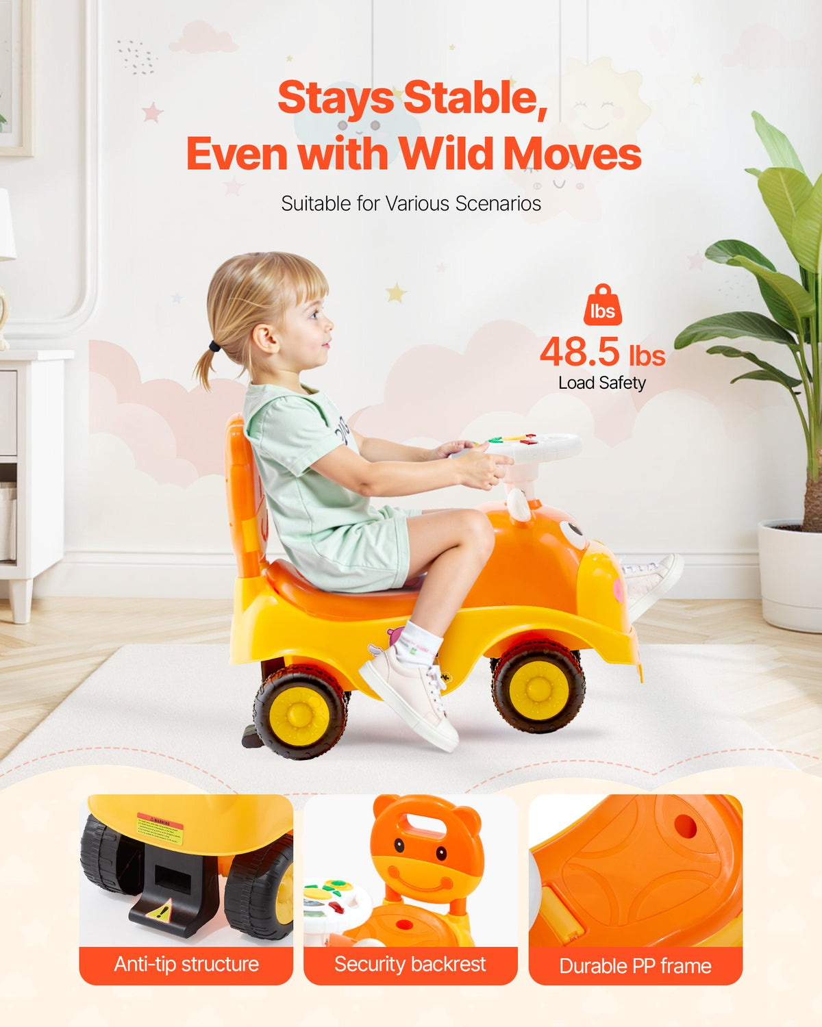 VEVOR Ride On Toddler Push Car, Push Car for Toddler 19 to 36 Months, Kids Ride On Toy with Horn & Music, 22 kg Load Capacity, Under-seat Storage, Foot-to-Floor Walker for Toddlers Boys Girls