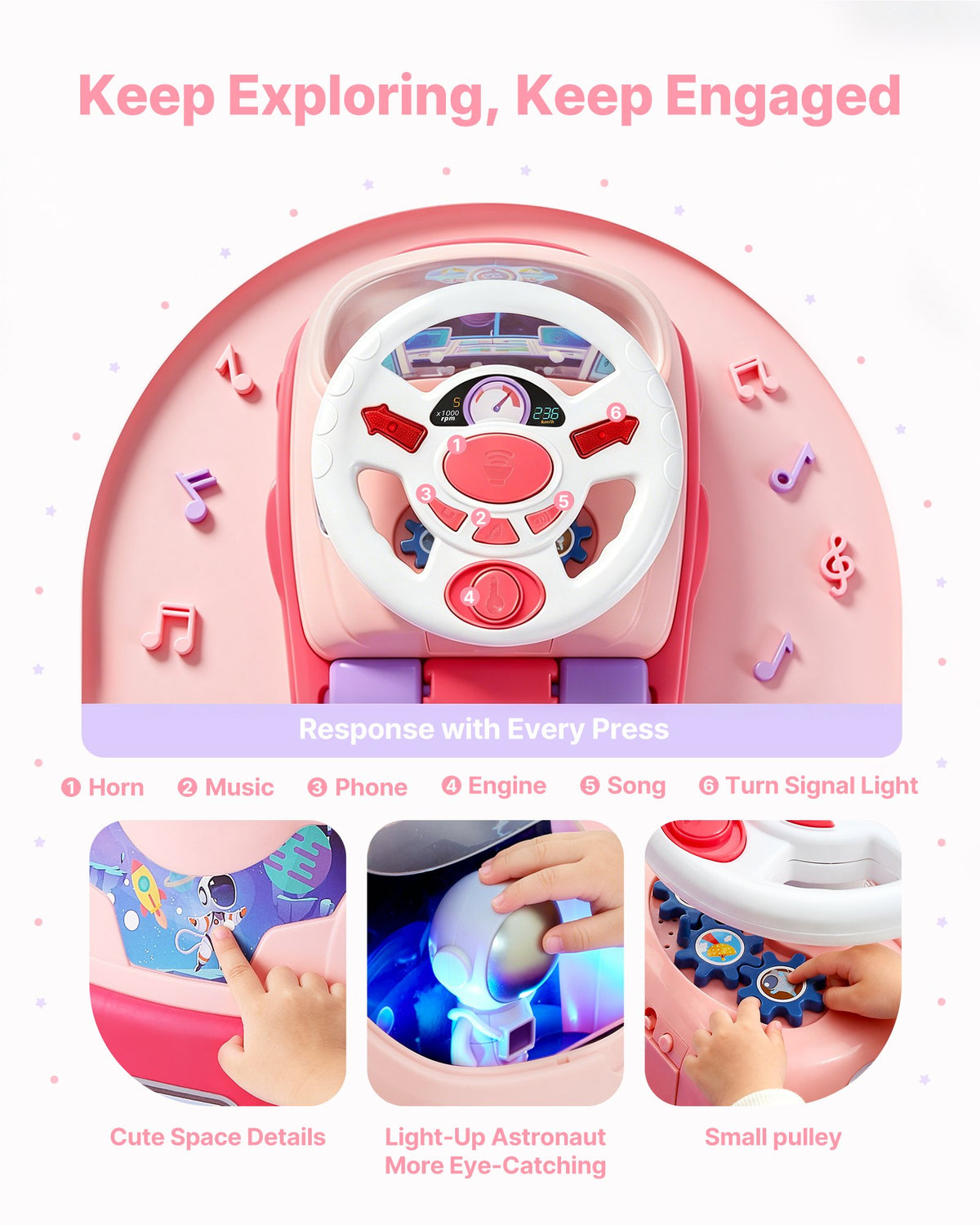 VEVOR Ride On Toddler Push Car, Push Car for Toddler 19 to 36 Months, Kids Ride On Toy with Horn & Music, 22 kg Load Capacity, Under-seat Storage, Foot-to-Floor Walker for Toddlers Boys Girls, Pink