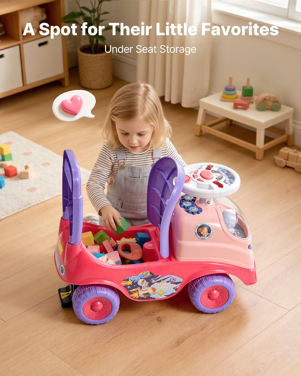 VEVOR Ride On Toddler Push Car, Push Car for Toddler 19 to 36 Months, Kids Ride On Toy with Horn & Music, 22 kg Load Capacity, Under-seat Storage, Foot-to-Floor Walker for Toddlers Boys Girls, Pink