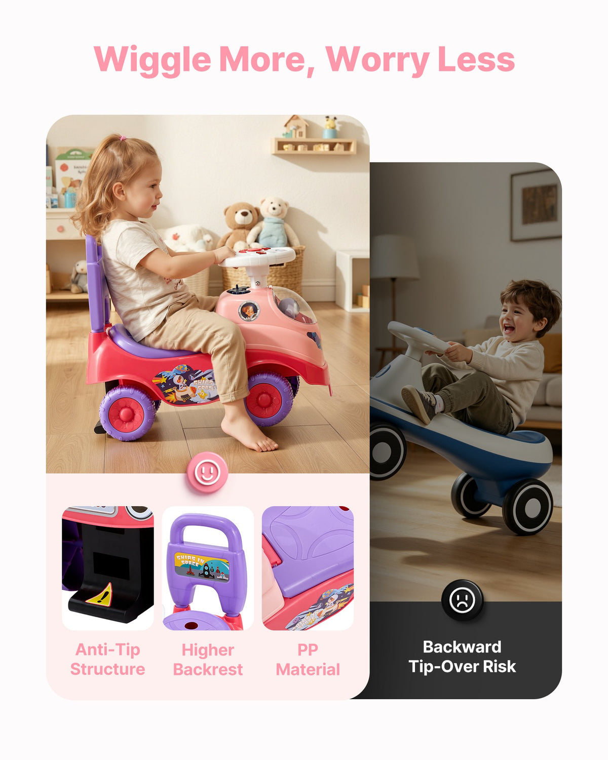 VEVOR Ride On Toddler Push Car, Push Car for Toddler 19 to 36 Months, Kids Ride On Toy with Horn & Music, 22 kg Load Capacity, Under-seat Storage, Foot-to-Floor Walker for Toddlers Boys Girls, Pink