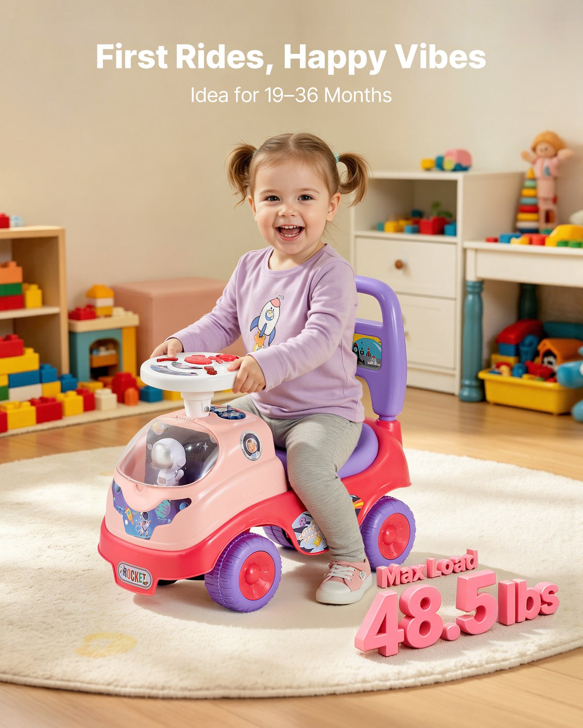 VEVOR Ride On Toddler Push Car, Push Car for Toddler 19 to 36 Months, Kids Ride On Toy with Horn & Music, 22 kg Load Capacity, Under-seat Storage, Foot-to-Floor Walker for Toddlers Boys Girls, Pink