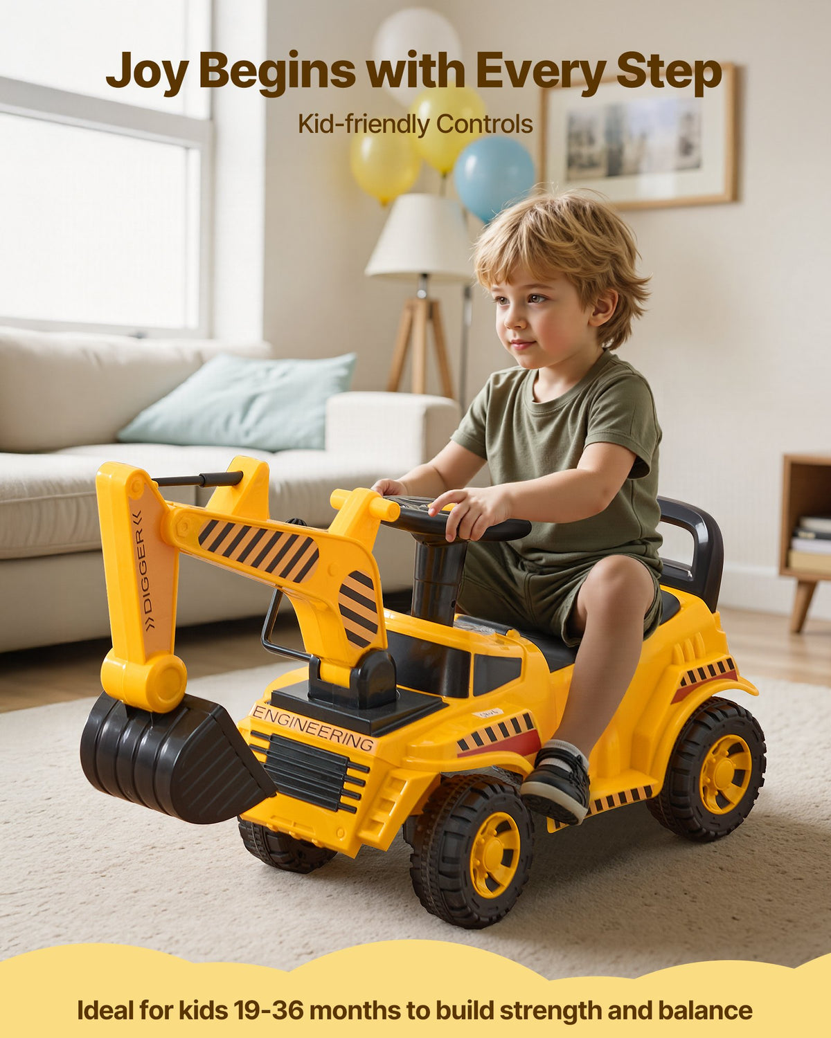 VEVOR Ride On Toddler Car, Push Car for Toddler 19 to 36 Months, Excavator Digger Toy with Helmet & Music, 25 kg Load Capacity, Foot-to-Floor Walker for Kids, Yellow