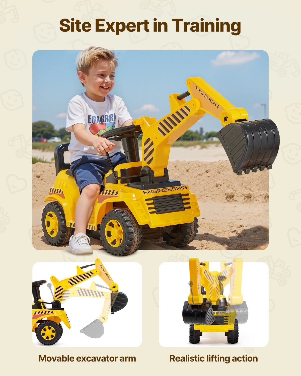 VEVOR Ride On Toddler Car, Push Car for Toddler 19 to 36 Months, Excavator Digger Toy with Helmet & Music, 25 kg Load Capacity, Foot-to-Floor Walker for Kids, Yellow