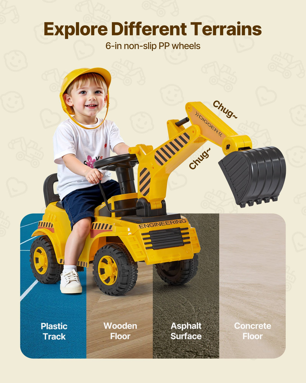 VEVOR Ride On Toddler Car, Push Car for Toddler 19 to 36 Months, Excavator Digger Toy with Helmet & Music, 25 kg Load Capacity, Foot-to-Floor Walker for Kids, Yellow