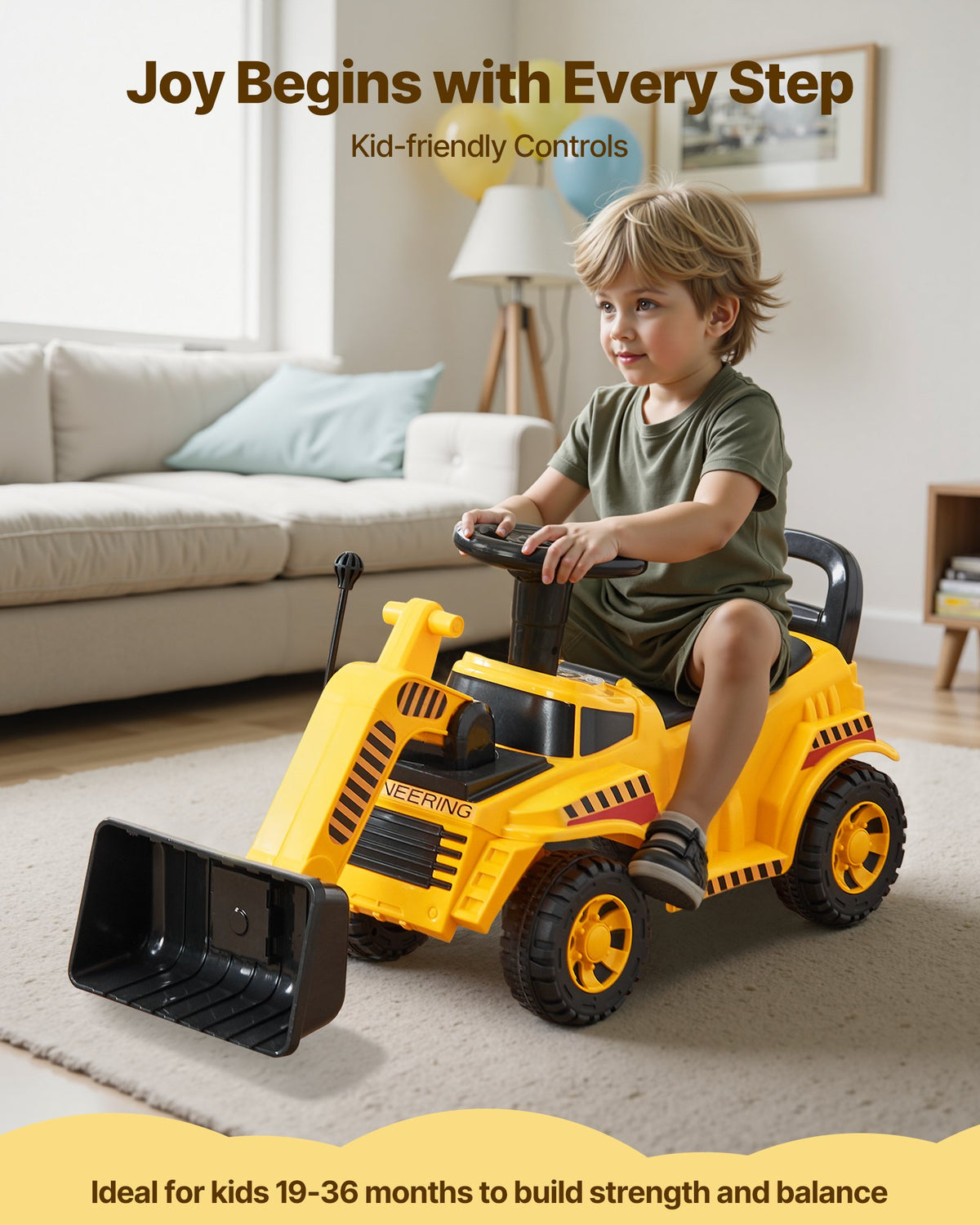 VEVOR Ride On Toddler Car, Ride on Excavator Car for Toddler 19 to 36 Months, Excavator Bulldozer Digger Toy with Under-seat Storage & Music, 25 kg Load Capacity, Foot-to-Floor Walker for Kid, Yellow