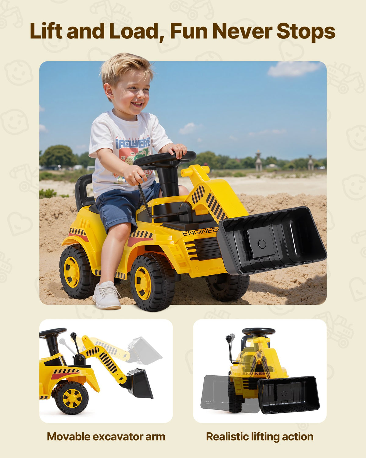 VEVOR Ride On Toddler Car, Ride on Excavator Car for Toddler 19 to 36 Months, Excavator Bulldozer Digger Toy with Under-seat Storage & Music, 25 kg Load Capacity, Foot-to-Floor Walker for Kid, Yellow