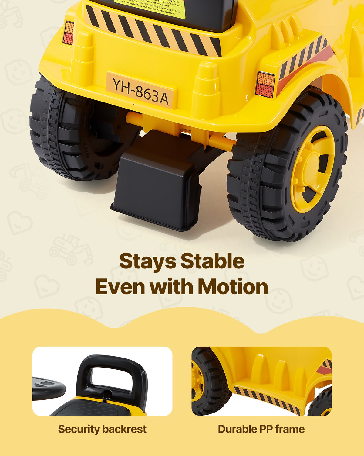 VEVOR Ride On Toddler Car, Ride on Excavator Car for Toddler 19 to 36 Months, Excavator Bulldozer Digger Toy with Under-seat Storage & Music, 25 kg Load Capacity, Foot-to-Floor Walker for Kid, Yellow