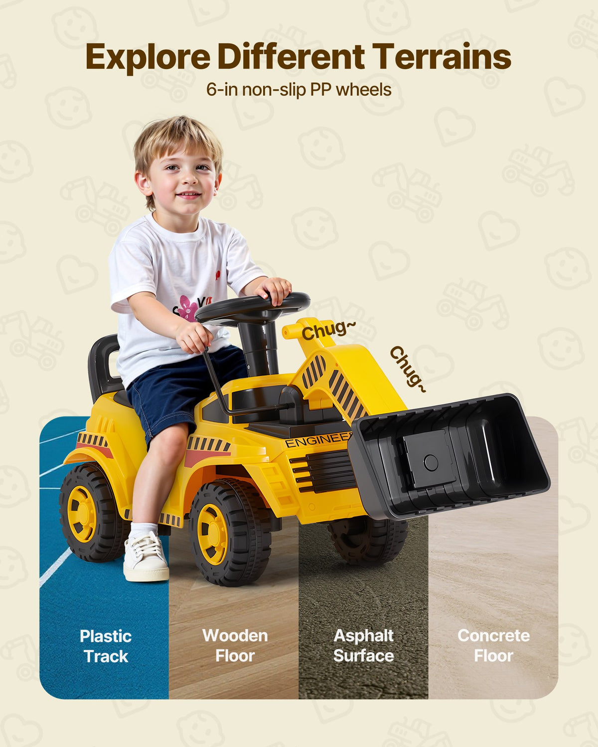 VEVOR Ride On Toddler Car, Ride on Excavator Car for Toddler 19 to 36 Months, Excavator Bulldozer Digger Toy with Under-seat Storage & Music, 25 kg Load Capacity, Foot-to-Floor Walker for Kid, Yellow