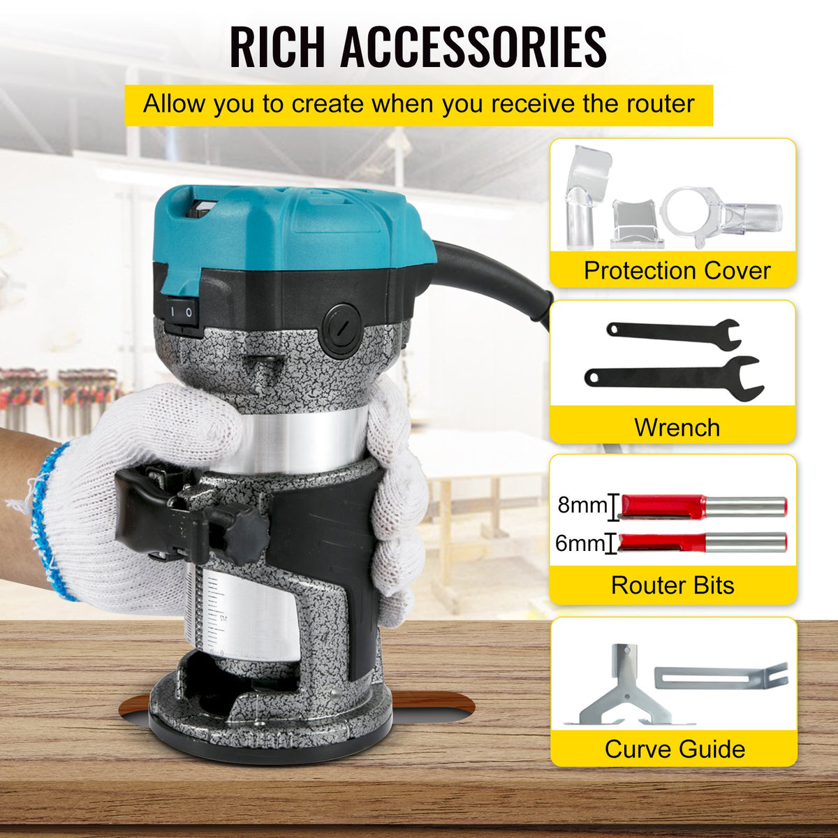 VEVOR Router Tool, 710W Wood Router, Router for Woodworking with 3 Router Collets, Wood Router Tool with Fixed & Plunge & Tilt & Offset Base, Woodworking Router with Aluminum Shell & Variable Rotating