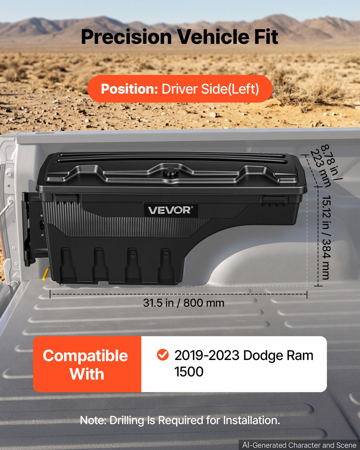 VEVOR Truck Bed Storage Box, 25 L Waterproof ABS Wheel Well Tool Box with Anti-Theft Combination Lock, Compatible with 2019-2023 Dodge Ram 1500, Driver Side Left (Drilling Required)