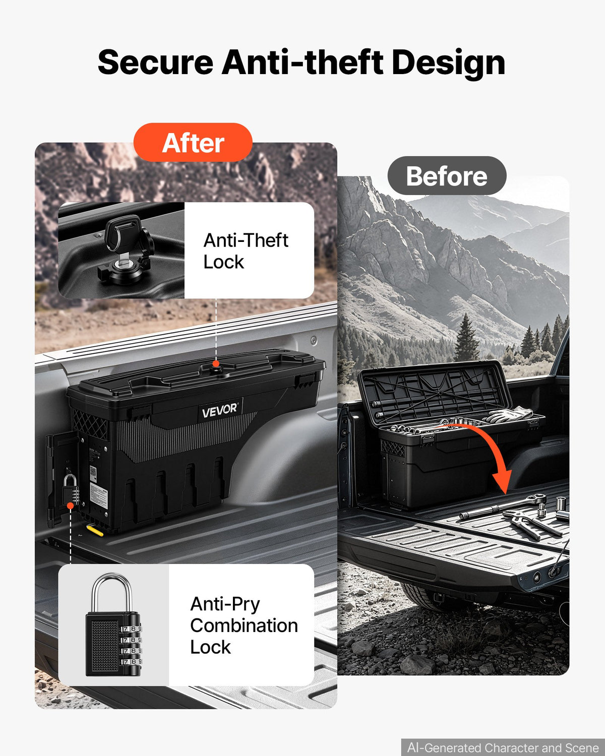 VEVOR Truck Bed Storage Box, 25 L Waterproof ABS Wheel Well Tool Box with Anti-Theft Combination Lock, Compatible with 2019-2023 Dodge Ram 1500, Driver Side Left (Drilling Required)