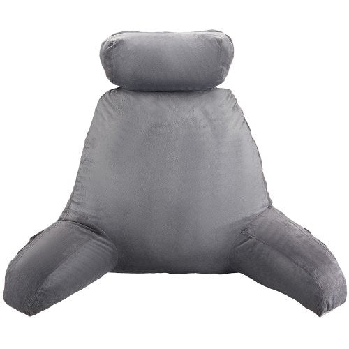 VEVOR Reading Pillow, Large Bed Pillow with Removable Headrest, Back Pillow with 3 Pockets, Shredded Memory Foam and Washable Short Velvet Cloth, Side with Handles for Reading, Gaming, Resting, Grey