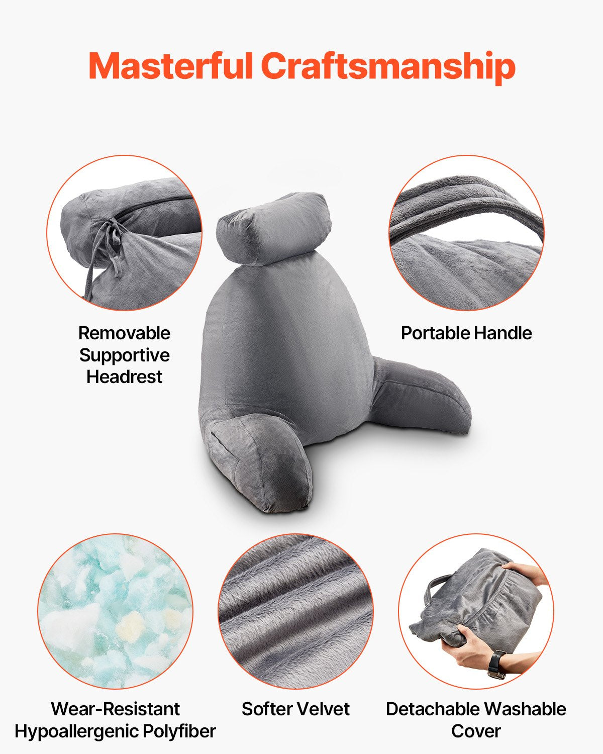 VEVOR Reading Pillow, Large Bed Pillow with Removable Headrest, Back Pillow with 3 Pockets, Shredded Memory Foam and Washable Short Velvet Cloth, Side with Handles for Reading, Gaming, Resting, Grey