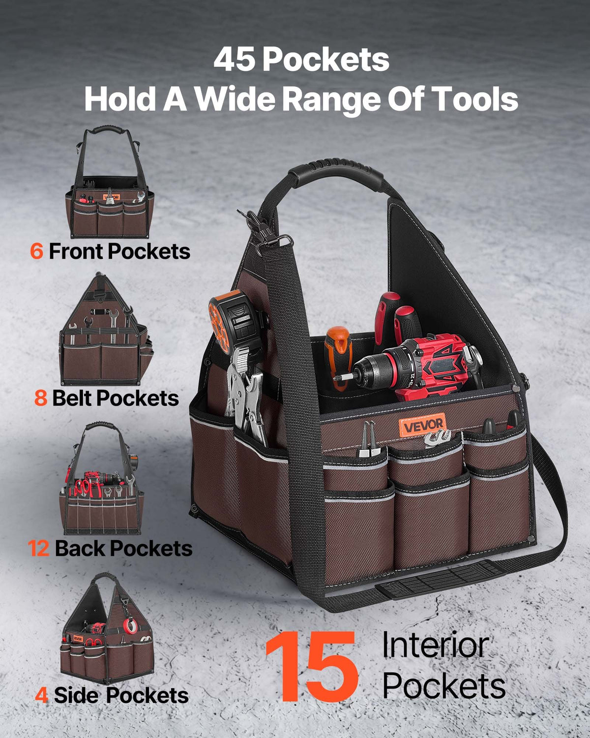 VEVOR Tool Bag, 330 MM, 45-Pocket Open Top Tool Tote, Electrical Maintenance Toolbox Organizer Storage with Handle, Adjustable Shoulder Strap, Portable Toolbag, for Professionals DIY & Jobsite Use