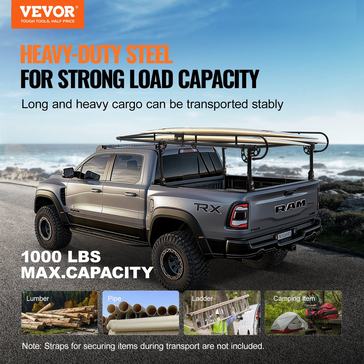 VEVOR Truck Ladder Rack, 1000 LBS / 454 KG Strong Capacity Truck Racks, Non-Drilling / Drilling Installation for Long or Heavy Cargo, 43.3-63 inch Adjustable Width for Kayak, Ladder, Surfboard, Lumber