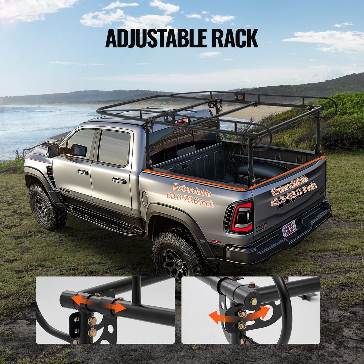 VEVOR Truck Ladder Rack, 1000 LBS / 454 KG Strong Capacity Truck Racks, Non-Drilling / Drilling Installation for Long or Heavy Cargo, 43.3-63 inch Adjustable Width for Kayak, Ladder, Surfboard, Lumber