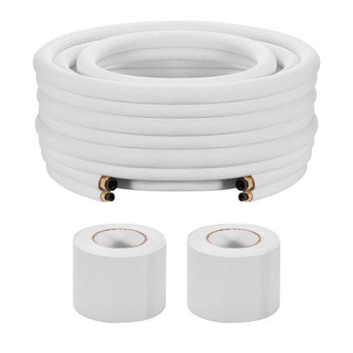 VEVOR 15.2m Mini Split Line Set, 6.4 & 12.7mm OD AC Copper Tubing Pipe, 3/8 White PE Thickened Insulated Coil with Flared Nuts, Strapping Tapes, for Mini Split Air Conditioner HVAC or Heat Pump System