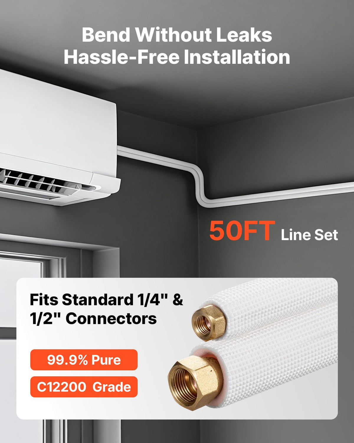 VEVOR 15.2m Mini Split Line Set, 6.4 & 12.7mm OD AC Copper Tubing Pipe, 3/8 White PE Thickened Insulated Coil with Flared Nuts, Strapping Tapes, for Mini Split Air Conditioner HVAC or Heat Pump System