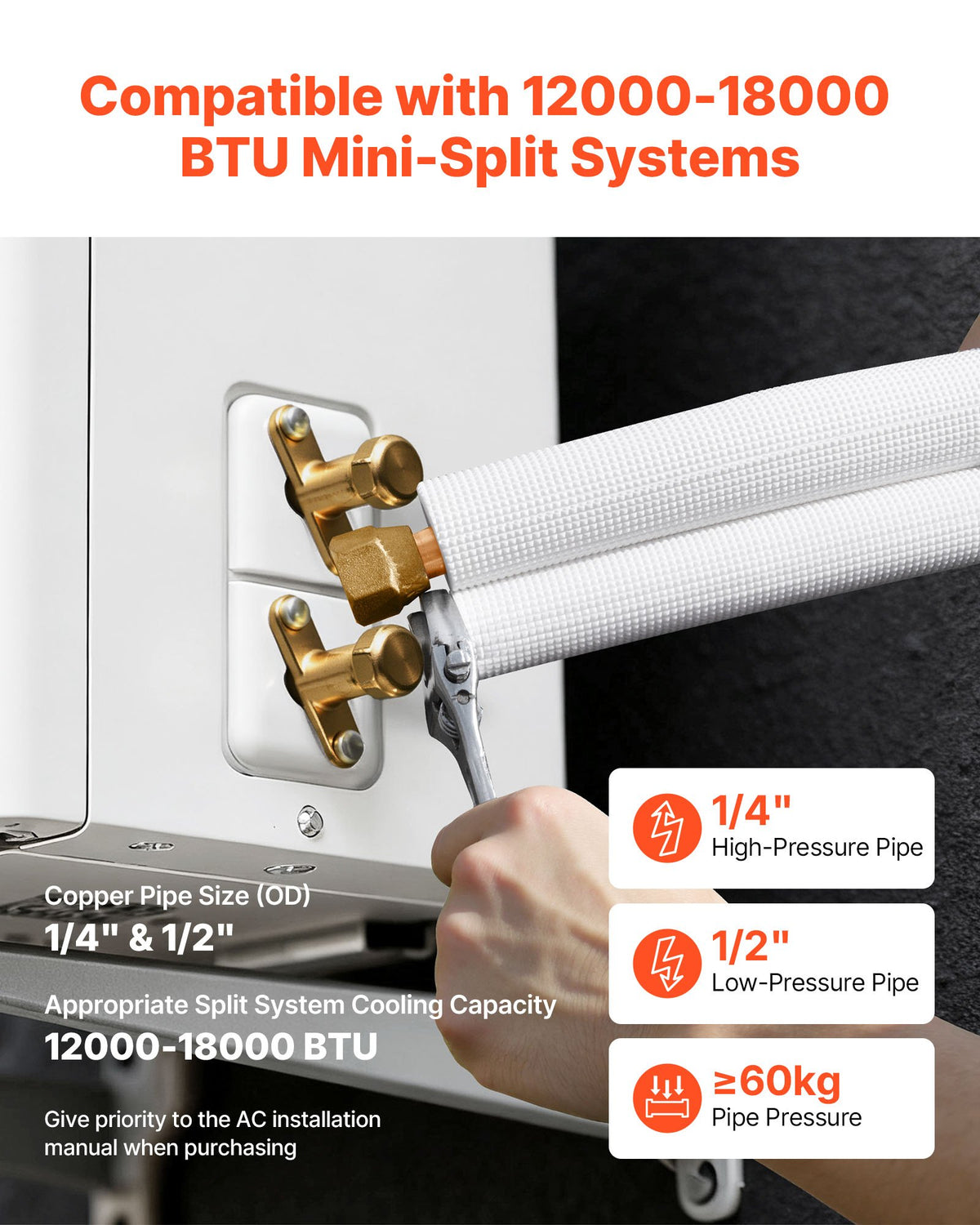 VEVOR 15.2m Mini Split Line Set, 6.4 & 12.7mm OD AC Copper Tubing Pipe, 3/8 White PE Thickened Insulated Coil with Flared Nuts, Strapping Tapes, for Mini Split Air Conditioner HVAC or Heat Pump System