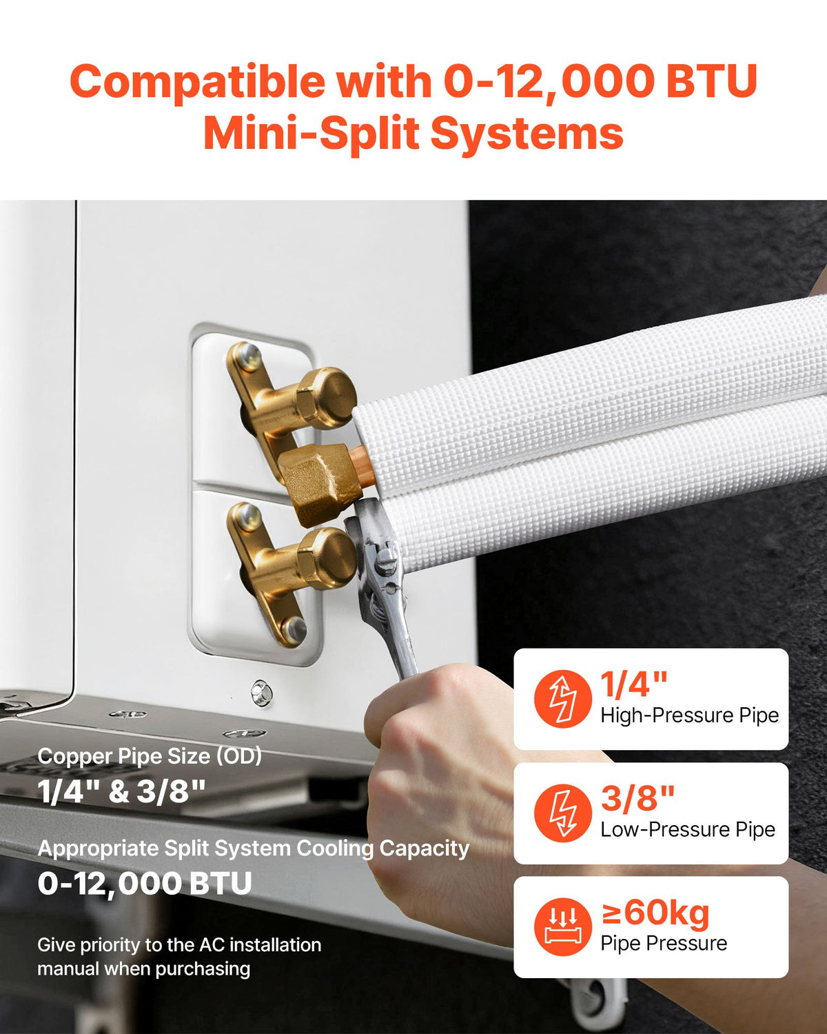 VEVOR 15.2m Mini Split Line Set, 6.4 & 9.5mm OD AC Copper Tubing Pipe, 3/8 White PE Thickened Insulated Coil with Flared Nuts, Strapping Tapes, for Mini Split Air Conditioner HVAC or Heat Pump System
