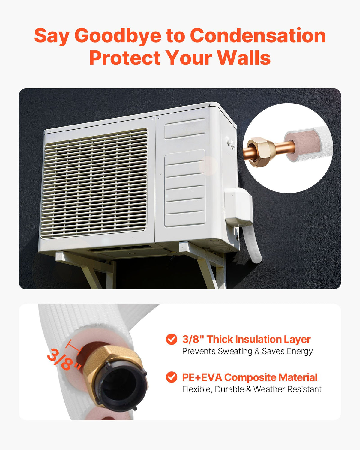 VEVOR 15.2m Mini Split Line Set, 6.4 & 9.5mm OD AC Copper Tubing Pipe, 3/8 White PE Thickened Insulated Coil with Flared Nuts, Strapping Tapes, for Mini Split Air Conditioner HVAC or Heat Pump System