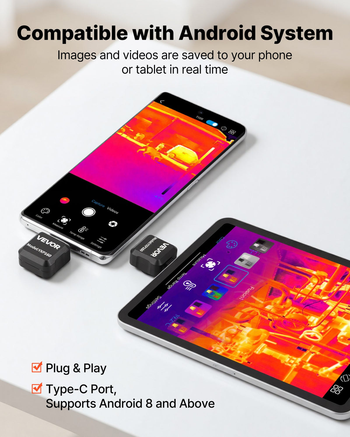 VEVOR Thermal Imaging Camera for Android, 320 x 240 TISR Super Resolution, 25HZ Refresh Rate Infrared Thermal Imager for Smartphone Tablet, 160 x 120 IR Resolution, -20°C to 550°C & 15 Color Palettes